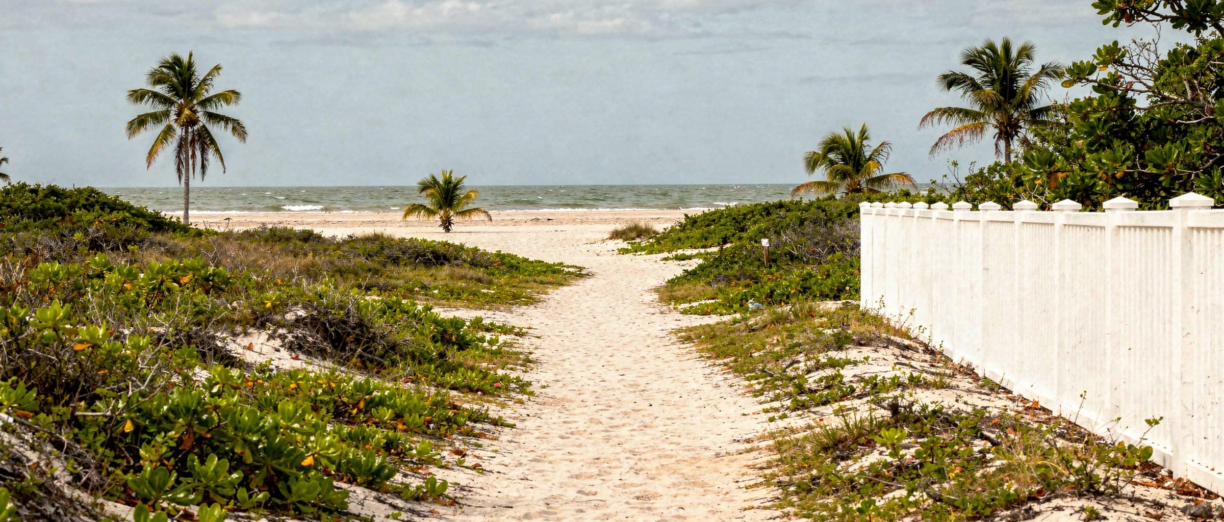 A sandy path between low dune scrub leading from a white boundary wall out onto the open beach, with the Bay of Bengal beyond.