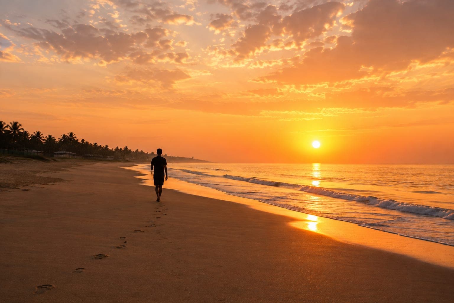 A lone walker on wet sand at sunrise, footprints trailing behind and the sun low over the Bay of Bengal.