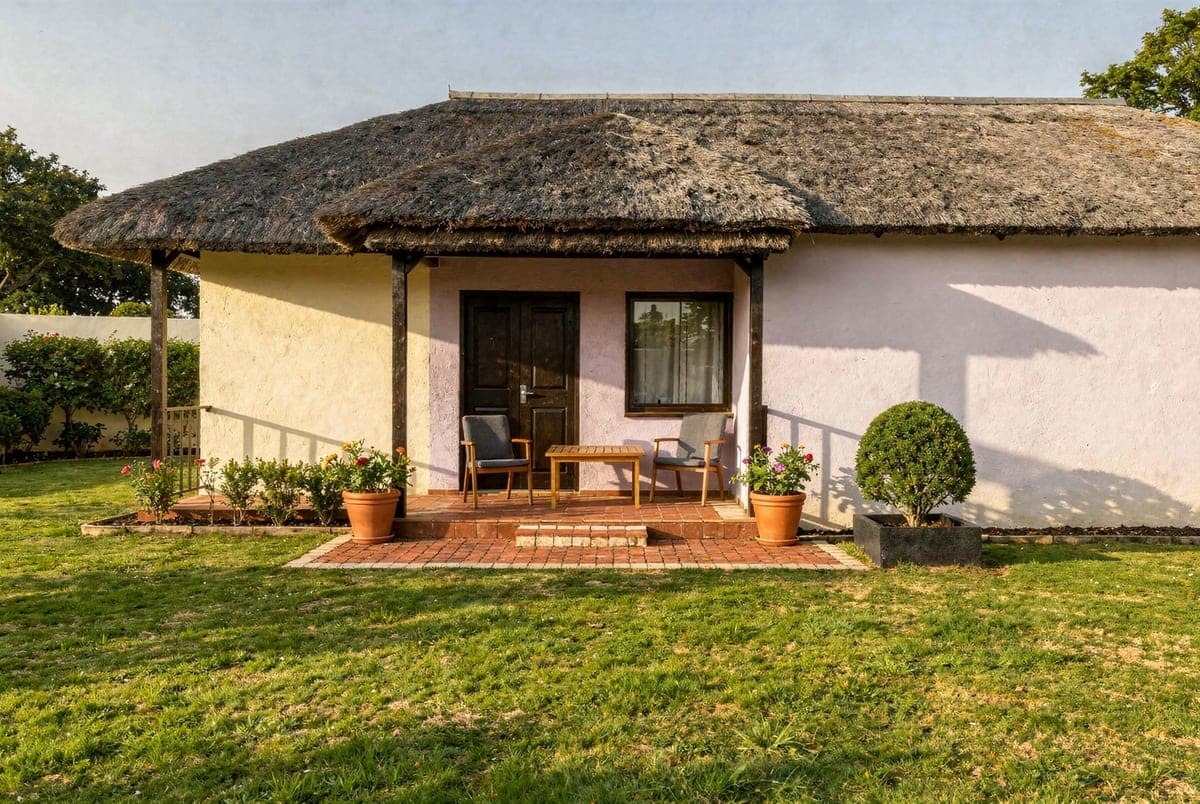 The private sit-out of a cottage: two chairs and a low table on brick paving under the thatched overhang, lawn in front.