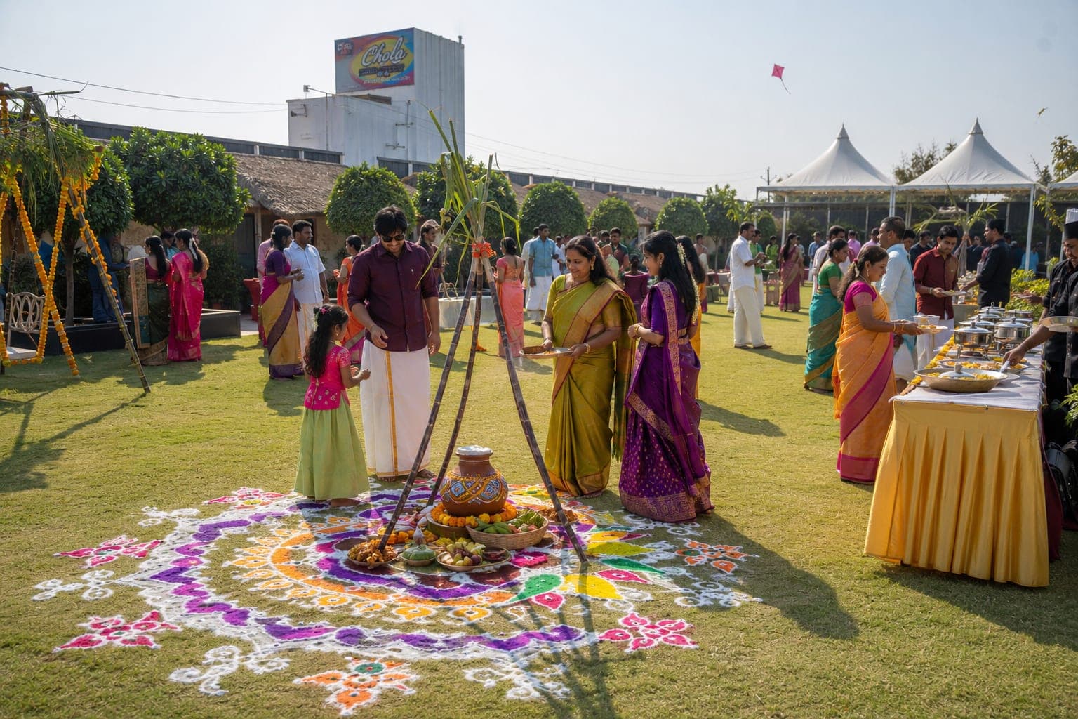 A Sankranti gathering on the lawn: a large coloured muggu drawn on the grass around a decorated pot and sugarcane, guests in festive dress.