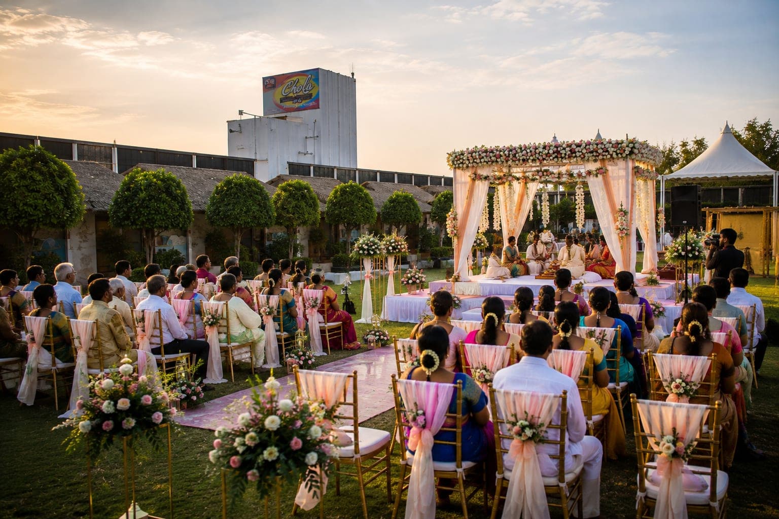 A wedding ceremony on the lawn at golden hour, guests seated in gold chairs facing a floral mandap.