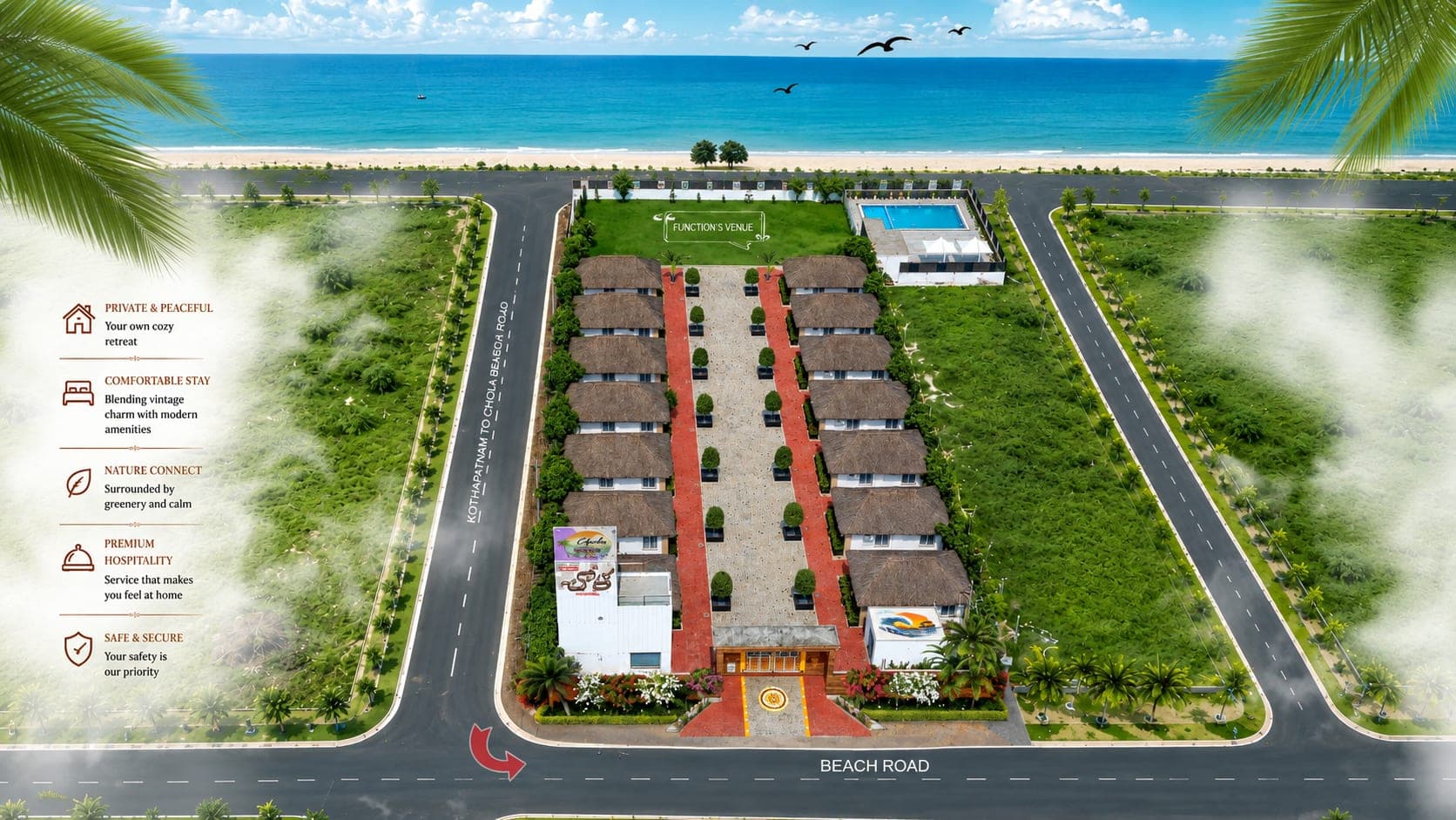Chola Beach Resorts promotional artwork: an aerial view of the fourteen thatched cottages in two rows, with the swimming pool, function venue and reception on the beach road at Kothapatnam.