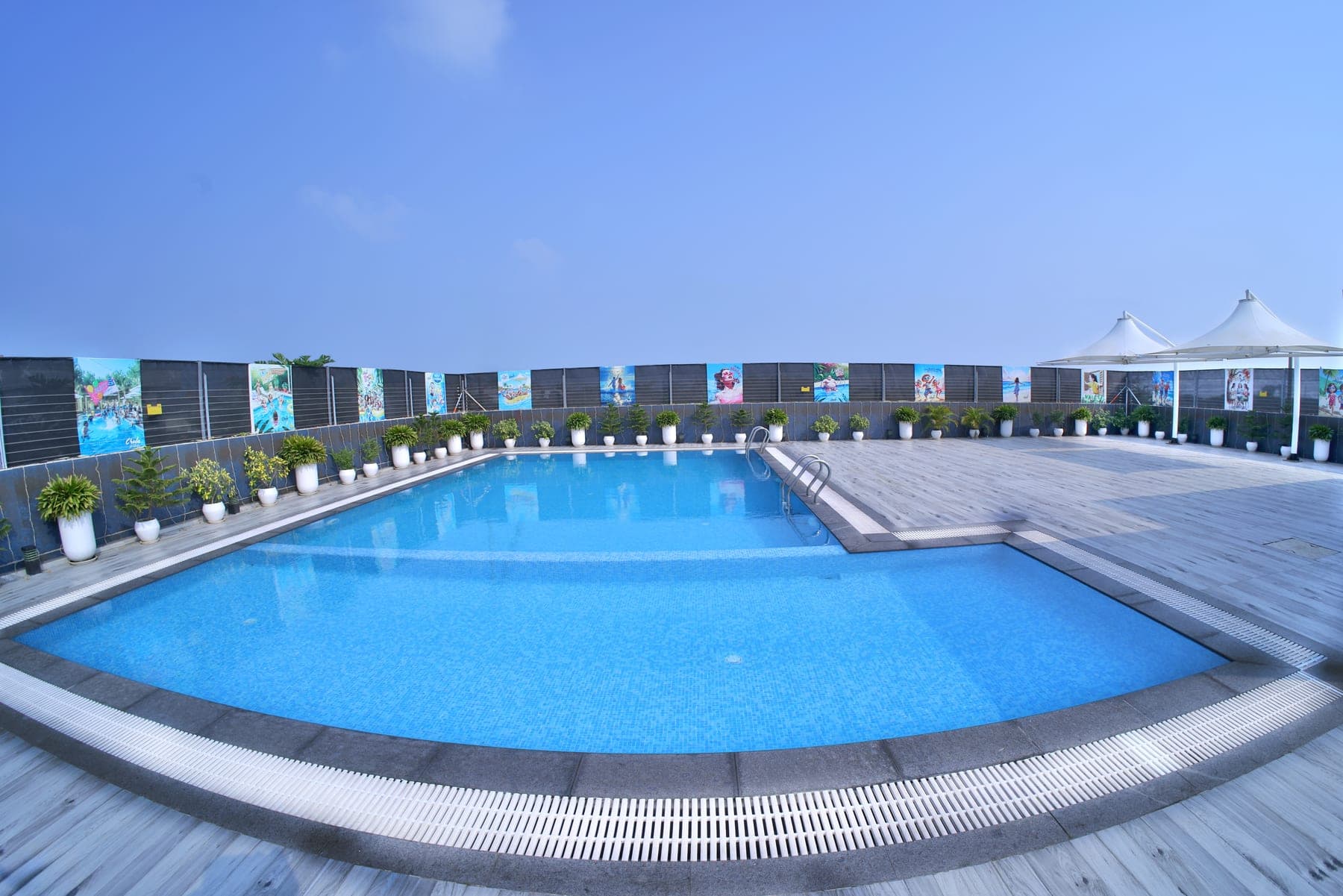 The swimming pool seen the full width of the deck, with a shallow section in the foreground, planters along the far edge and tensile canopies beyond.
