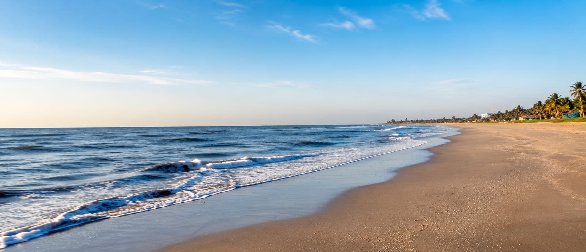 The shoreline at Kothapatnam under low sun, wide open sand curving away to a distant line of palms and rooftops.