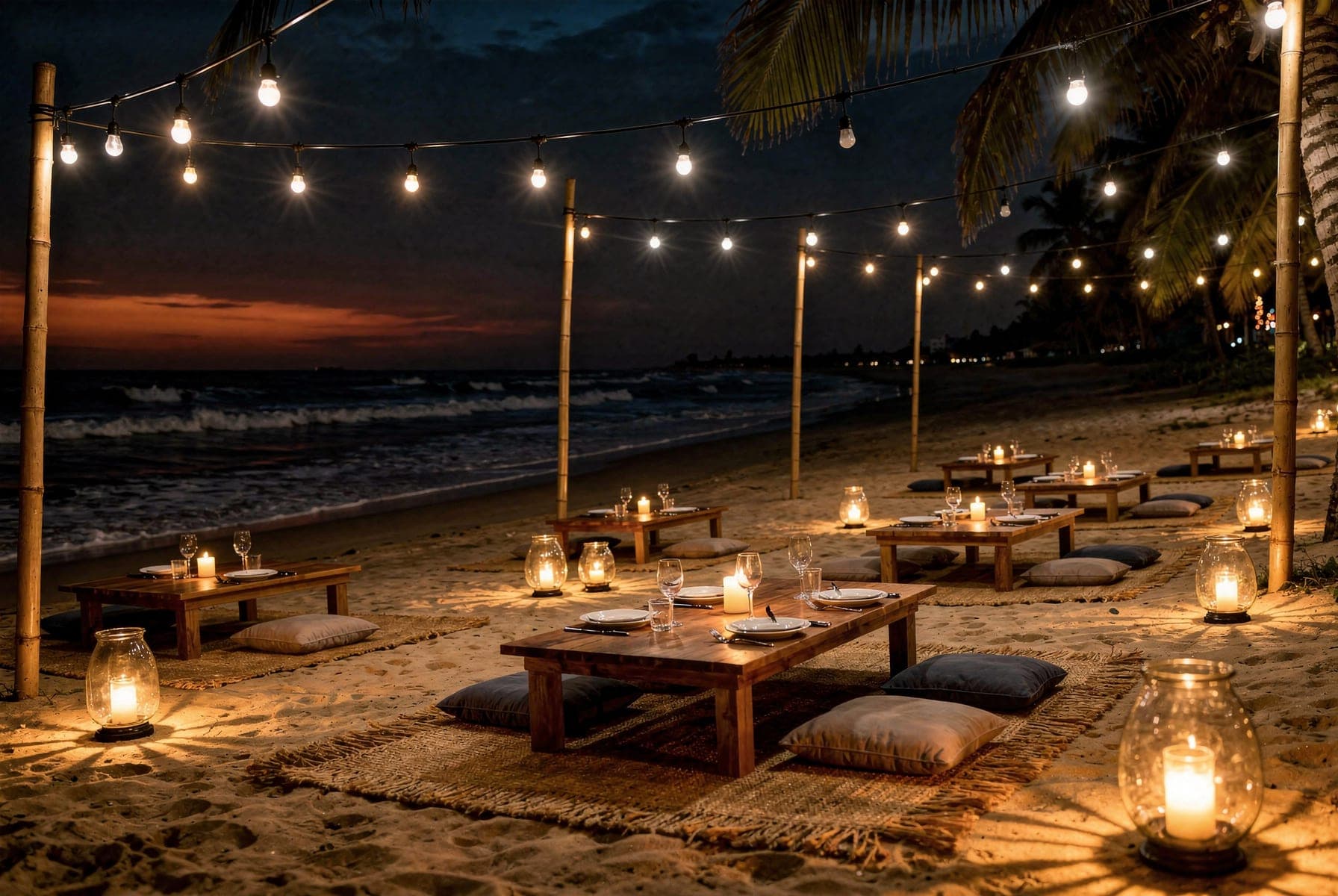 Dinner laid out on the sand at dusk: low tables and floor cushions on woven mats, hurricane lanterns and strings of warm bulbs on bamboo poles.