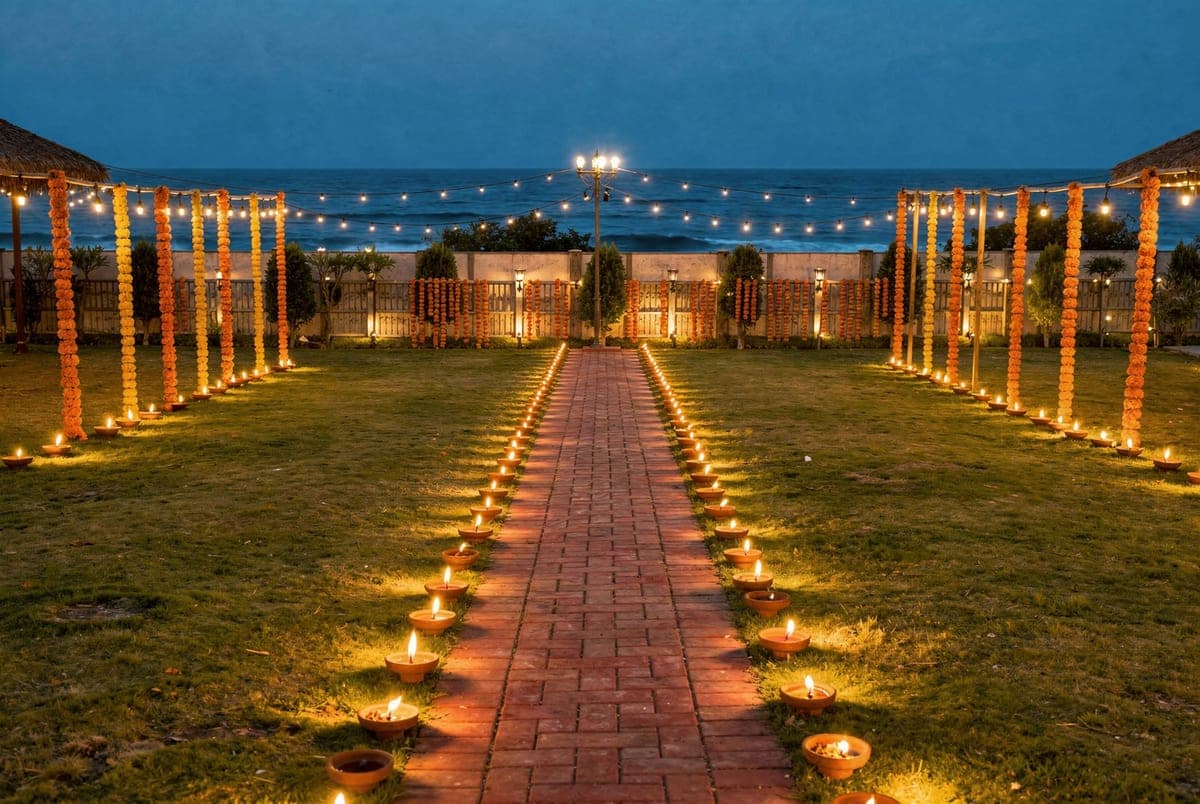 Rows of clay diya lamps lining the brick path across the lawn at dusk, marigold garlands and festoon lights strung above.