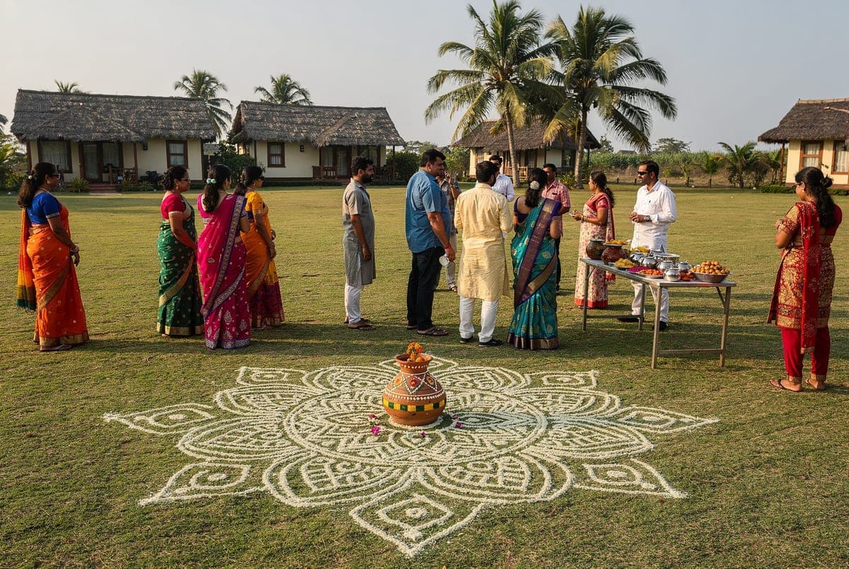A Sankranti morning on the lawn: a large white muggu drawn on the grass with a decorated pot at its centre and guests in festive clothes gathered around it.